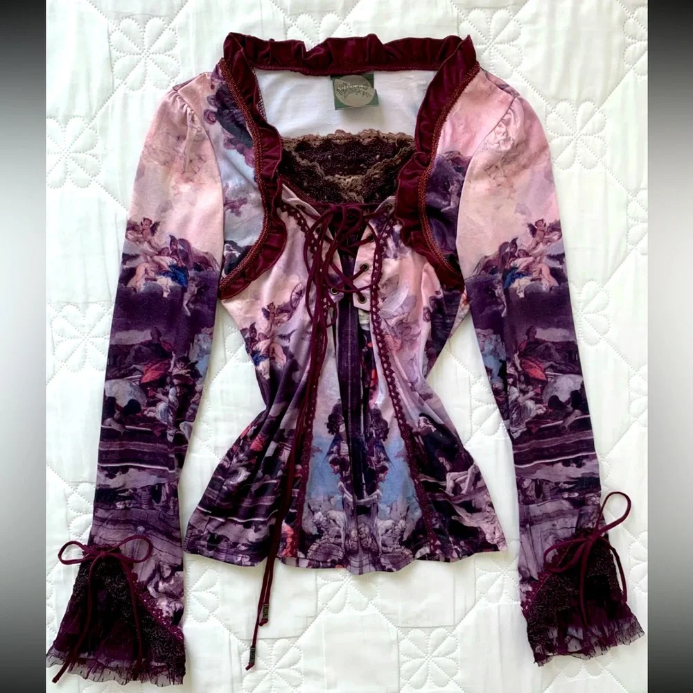 Ozz Y2K Renaissance Print Corset-Style Long Sleeve Top – One Size - Picture 1 of 3